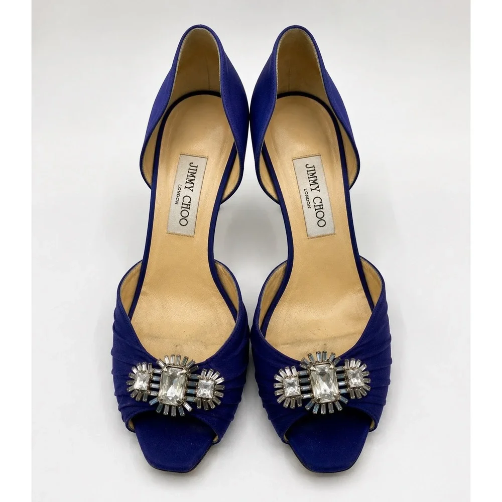 Jimmy‎ Choo Peep Toe Heels Women 38.5 Purple Fair Crystal Satin d'Orsay Pumps